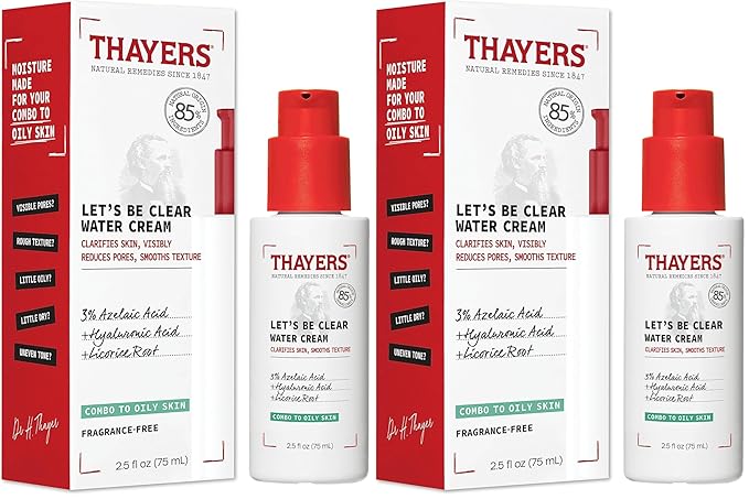 THAYERS Let's Be Clear Water Face Cream,Moisturizer with Azelaic Acid and Hyaluronic Acid,Skin Care for Combination to Oily Skin,2.5 Oz,(Pack of 2)
