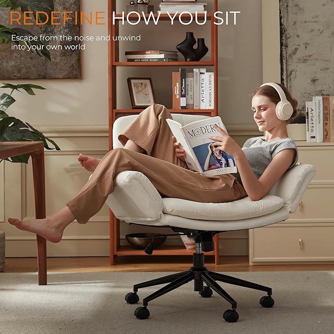 Dowinx Criss Cross Chair with Five-Level Adjustable Arms and Wheels - Comfortable Ergonomic PU Leather Swivel Vanity Chair - Computer Makeup Gaming Chair for Home Office, Bedroom, Vanity Room (Beide)