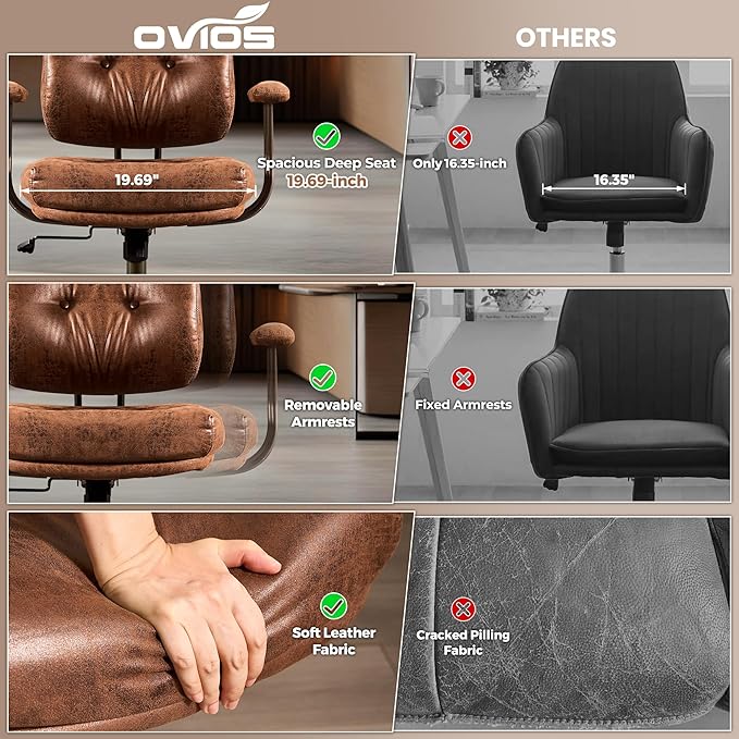 ovios Ergonomic Office Chair, Mid Back Faux Leather Executive Chairs with Thick Cushion, Comfy Mid-Century Modern Swivel Rolling Computer Armchair (Dark Brown, Suede Leather)