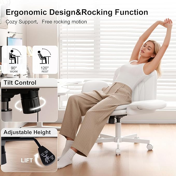 Misolant Criss Cross Chair with Armrests & Wheels for Cross-Legged Sitting, Comfortable PU Leather Vanity Chair, Office Desk Chairs with Adjustable Rocking Function, for Home, Bedroom White