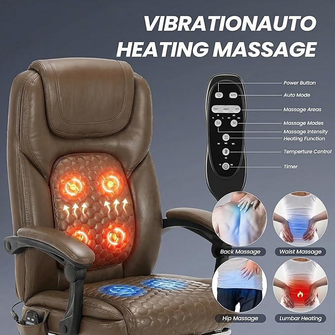 Massage Office Chair with 3-Level Heat and Footrest – 20-Min Easy Assembly, 300 lbs Big and Tall Reclining Desk Chair, PU Leather Ergonomic Executive Computer Chair with Side Pocket, Brown