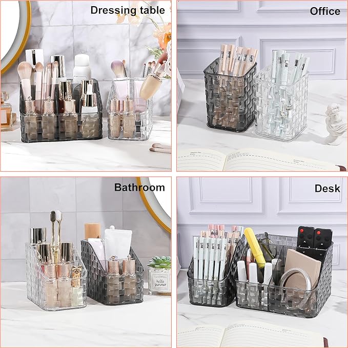 DASITON Makeup Brush Holder Organizer, 3 Slots Acrylic Makeup Brushes Storage Cup, Woven Texture Make Up Brush Holder for Vanity Bathroom Office, Pen Holder for Desk, Cosmetic Display Cases (Grey M)