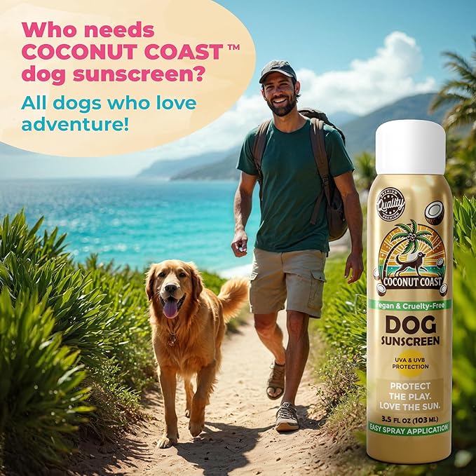 Coconut Coast Dog Sunscreen-SPF 30+ With Skin Moisturizing Vitamin E and Aloe Vera- No Zinc Oxide Safe for All Dogs- Dog Beach Accessories, Dog Camping Gear, Sunscreen for White Dogs