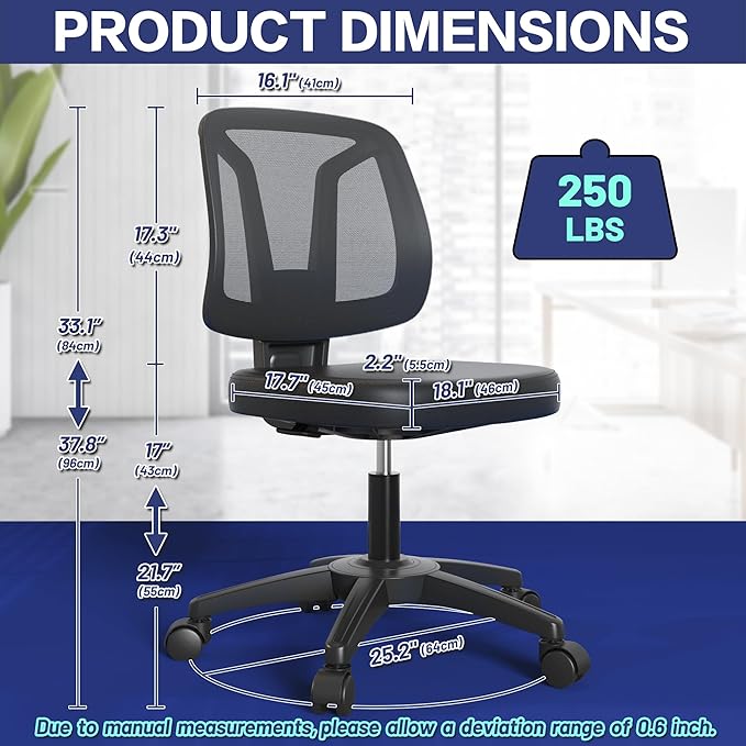 Armless Office Desk Chair No Arms with Back Support Rolling Wheels for Home Study Work