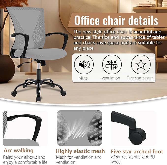 FDW Home Office Chair Mid Back PC Swivel Lumbar Support Adjustable Desk Task Computer Ergonomic Comfortable Mesh Chair with Armrest (Grey)