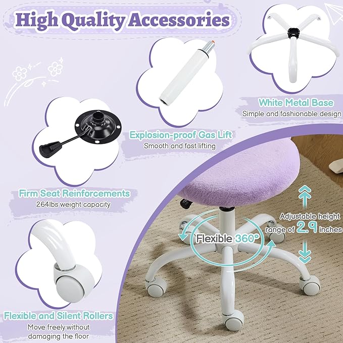 VINGLI Small Vanity Chair with Faux Fur Wheels for Girls,Cute Adjustable Height Armless Office Desk Chair,360°Swivel Comfy Rolling for Study,Make up Room,Small Space,Purple
