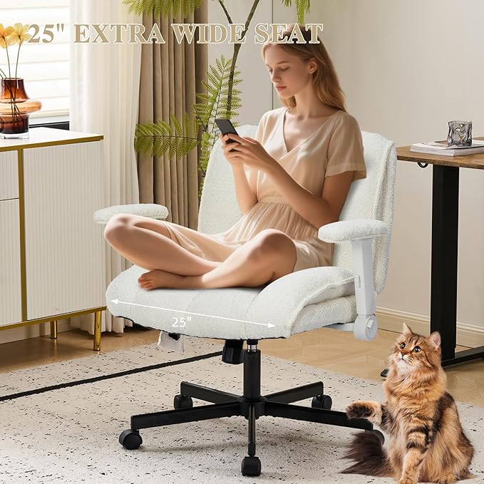 Criss Cross Legged Office Chair with Flip-Up Arms and Wheels, Wide Seat Desk Chair with Built-In Dynamic Airbag Lumbar Support, Modern Cross-Leg Chair for Home Office, Apartment, Vanity, Beige