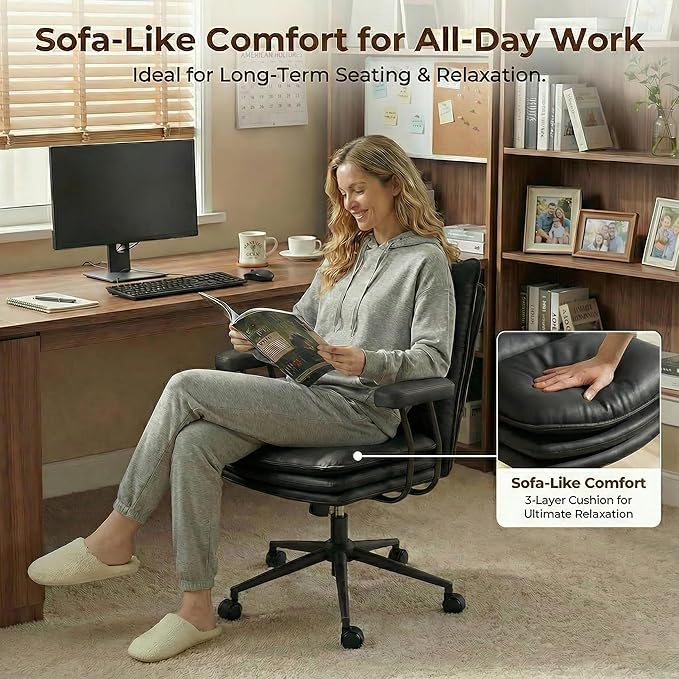 Black Office Chair with Triple-Layers Thicken Wide Seat, Mid Back Leather Desk Chair with Wheels and Arms, Mid-Century Modern Computer Chair for Home Office