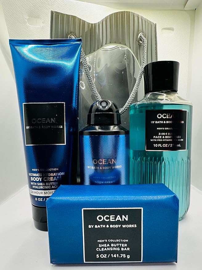 Bath & Body Works Men's Ocean 5 Piece Gift Set: Body Cream, 3-in-1 Hair, Face & Body Wash, Deoderant Spray, Bar Soap with Gift Bag
