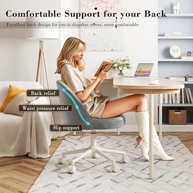 EnHomee Vanity Chair with Wheels, Cute Desk Chair Comfy with Back,Small Office Chair with Adjustable Rolling Swivel for Makeup Room Bedroom, Home Office, Armless,Muted Grey