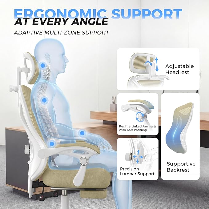 Ergonomic Office Chair with Footrest - Adjustable Lumbar Support & Headrest, 90-160° Reclining Mesh Back Computer Chair - Home Office/Gaming, 350lbs Capacity