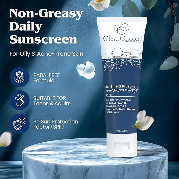 Clear Choice Sun Shield Plus 1.7oz – Non-Greasy Daily Sunscreen for Oily & Acne-Prone Skin, SPF 30, Controls Breakouts & Sebum, PABA-Free with Zinc Oxide, Easy 1-Step Application for Teens & Adults