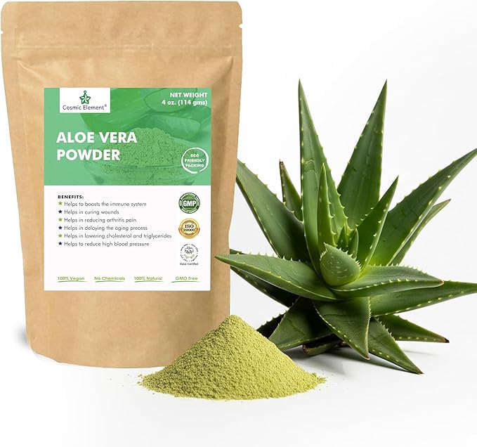 Cosmic Element Organic Aloe Vera Powder - 100% Pure Leaf Gel | Hydrating After Sun Care, Moisturizing for Face, Body & Skin | Ideal for Sun Burn, Acne, and Dry Skin - Aloe Vera Powder for Hair - 4 oz