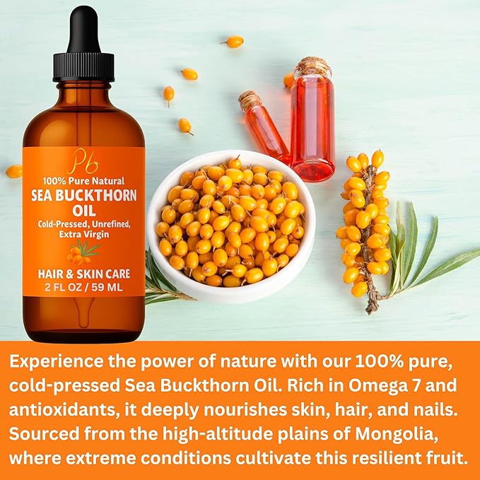 Sea Buckthorn Oil – 100% Pure Cold-Pressed from Fruit & Seed – Sea Buckthorn Seed Oil for Face, Hair, Skin & Nails – Supports Radiant, Youthful-Looking Skin – Amber Glass Bottle 2 fl oz