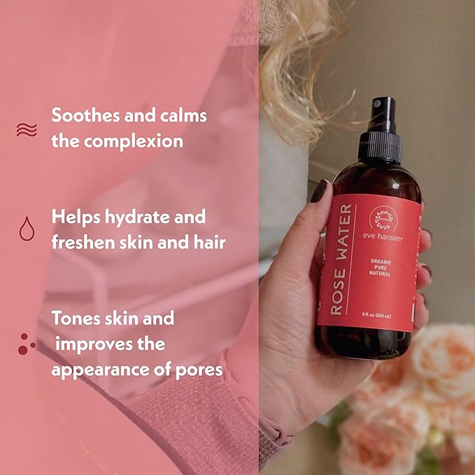 Eve Hansen Skincare Set: 5 Hyaluronic Face Mask Sheets & 8 oz Organic Rose Water Spray – Deep Hydration, Antioxidant Care & Refreshing Toner – Set of 2 Products for All Skin Types