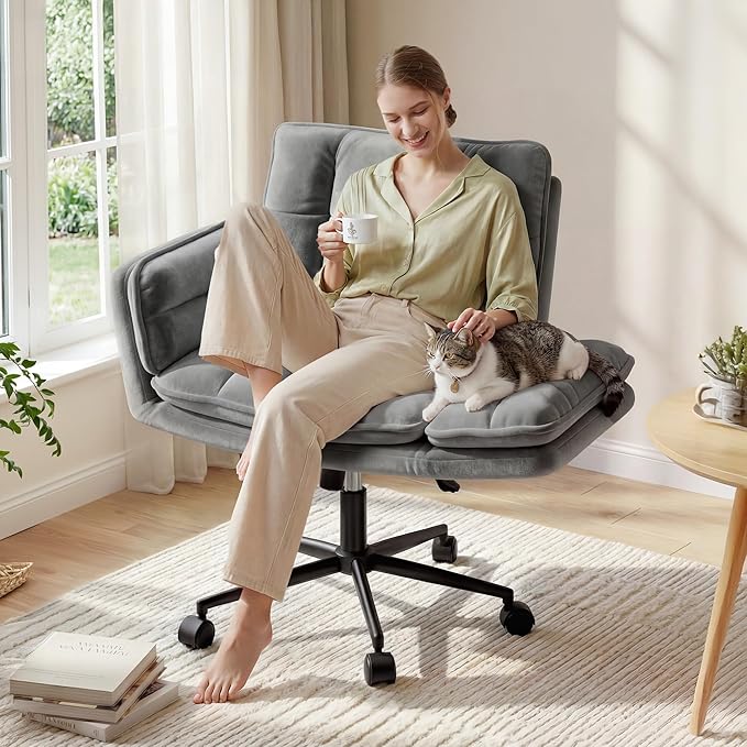 Criss Cross Chair with Wheels, Ergonomic Office Chair with Adjustable Armrests, Vanity Chair with Back for Bedroom, Makeup Room and Office Room, Gray