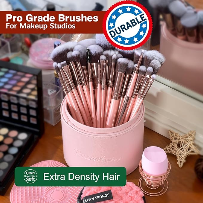 Bueart Design Labeled 30Pcs Professional Deluxe Makeup Brushes set with Extra large holder case for Foundation Face Blending Blush Concealers Eyeshadow