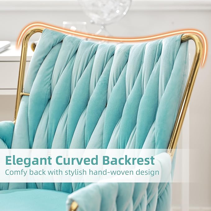 ABET Velvet Desk Chair with Wheels, Cute Upholstered Swivel Office Chair, Modern Gold Rolling Hand Woven Height Adjustable Armchair for Women Girls Home Makeup, Vanity, Nail Salon, Light Blue