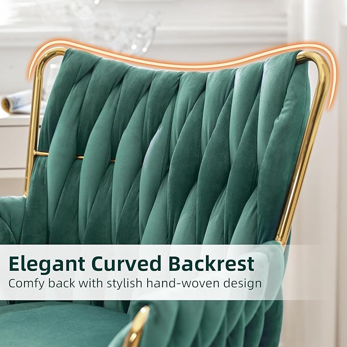 ABET Velvet Desk Chair with Wheels, Cute Upholstered Swivel Office Chair, Modern Gold Rolling Hand Woven Height Adjustable Armchair for Women Girls Home Makeup, Vanity, Nail Salon, Dark Green