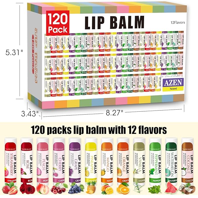AZEN 120 Pack Lip Balm, Natural Lip Balm Bulk, Lip Care Product, Moisturizing Lip Balms for dry cracked lips, Valentines Gifts Easter Basket Stuffers - 12 Flavors