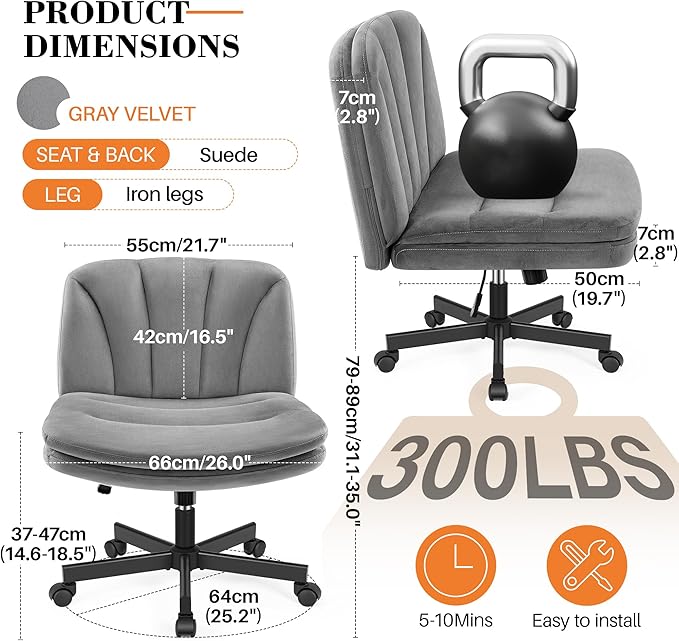 FelixKing Criss Cross Chair with Wheels, Cross Legged Office Chair, Armless Wide Vanity Desk Chair with 2 Layer Comfty Velvet & Back - Swivel for Home Office Bedroom, Velvet Gray