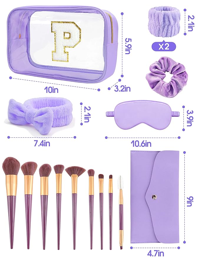 Gift Sets for Women, Initial Makeup Bag with Makeup Brush Set Bachelorette Party Favors, Purple Spa Kit with Skincare Headbands Wrist Bands Sleepover Party Supplies Gifts for Teen Girls Bridesmaid P