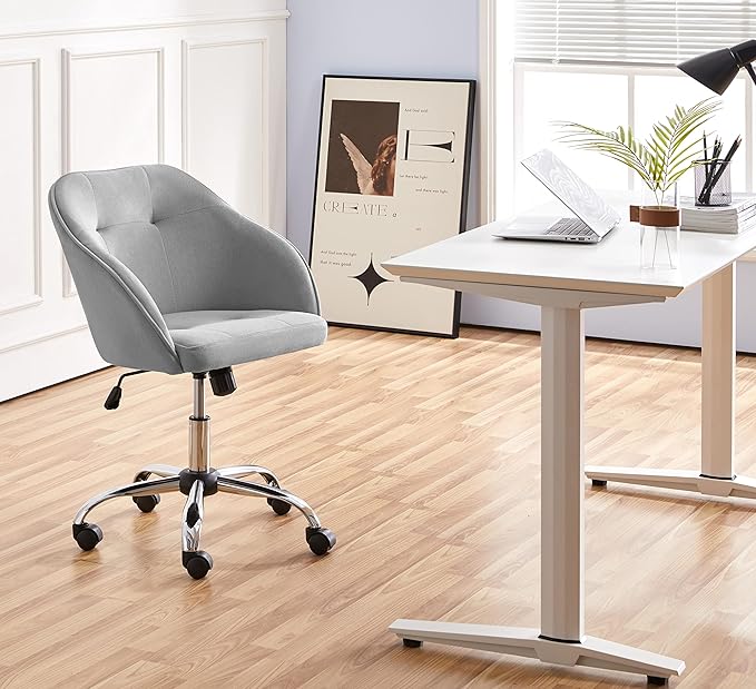 Yaheetech Velvet Desk Vanity Chair with Wheels Back Cute Small Swivel Comfy Computer Chair with Adjustable Height Tilt Angle Upholstered Accent Armchair for Bedroom Light Gray