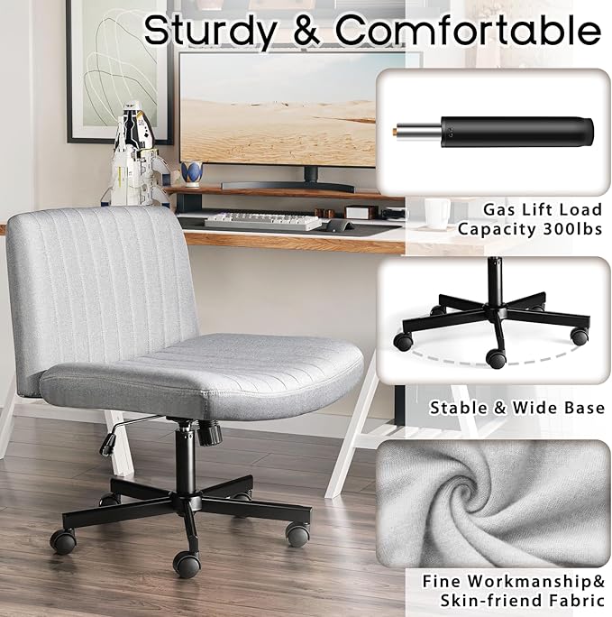 PUKAMI Criss Cross Chair,Comfy Cross Legged Office Desk Chair No Wheels,Modern Fabric Swivel Adjustable Height Mid Back Wide Seat for Home Office Computer (Grey with Wheels)