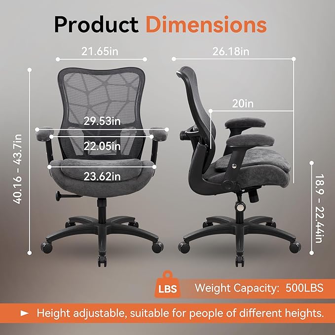Big and Tall Office Chair 500lbs Heavy Duty Ergonomic Mesh Desk Chair with 23.6" Extra Wide Seat, 29.5" High Back, Adjustable Lumbar Support & Flip-Up Arms for Large Body Types (Dark Gray)