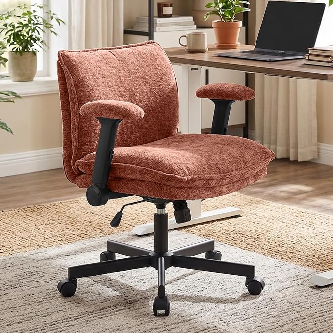 Cross Legged Office Chair, Height Adjustable Swivel Desk Chair with Flip-Up Arms, Padded Criss Cross Chair for Home Office & Bedroom
