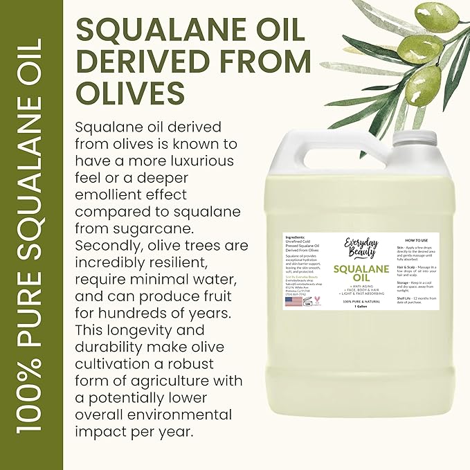 Squalane Oil Bulk - 1 Gallon 100% Pure & Natural Plant Derived Facial Oil - Cold Pressed and Unrefined Premium Grade Multipurpose Moisturizing Oil For Skin and Hair