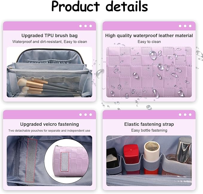 BOYATU Travel Makeup Bag Organizer: 3 Pcs Set Large Capacity Cosmetic Bags Holds 10–20 100ml Full-Size Bottles - 180°Open-Flat Make up Case 3-sec touch-up - Toiletry Bag Gift women (01-F-Purple)