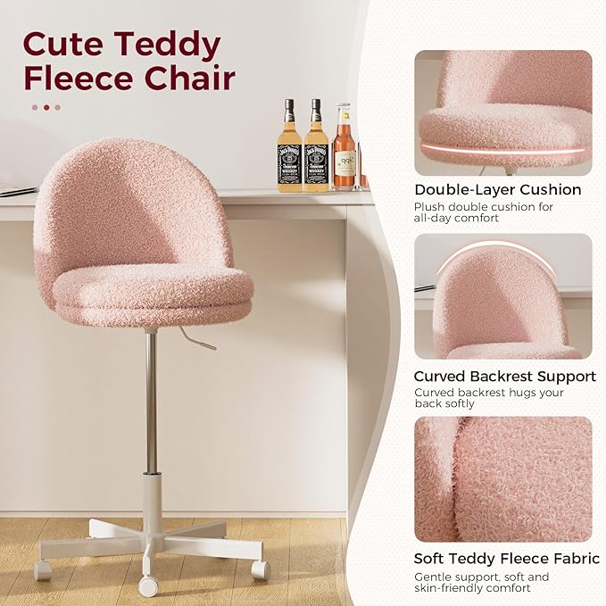 GTPLAYER Velvet Tall Office Chair with Wheels Vanity Chairs with Back, Versatile Height Use: Office to Bar Stools Small Ergonomic Comfy Armlees Computer Desk Chair with Bow Lumbar Pillow for Gift