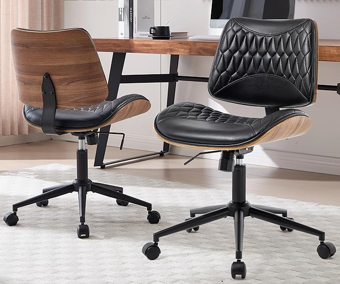 Walnut Bentwood Mid Back Armless Office Chair 2 Pack, Adjustable Height PU Leather Swivel Desk Chair with Wheels, Rolling Computer Task Chair for Home Office, Study, Meeting Room
