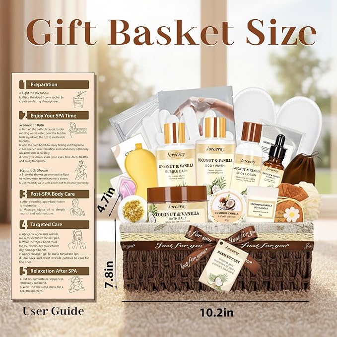 22PCS Spa Gift Baskets for Women, Luxury Bath and Body Gift Basket Set for Women Coconut Vanilla Spa Kit Relaxing Spa Self Care Gift for Her Wife Lover Mom Sister Friend