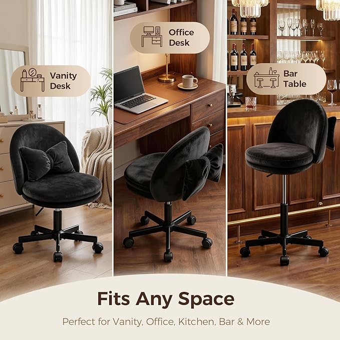 GTPOFFICE Vanity Chair with Back, Adjustable Tall Office Chair High Swivel Bar Stools Fluffy Cute Desk Chair Comfy with Wheels Bow Pillow Armlees for Adults Standing Desk Bar, Soft Velvet, Black