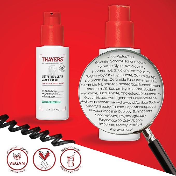 THAYERS Let's Be Clear Water Face Cream,Moisturizer with Azelaic Acid and Hyaluronic Acid,Skin Care for Combination to Oily Skin,2.5 Oz,(Pack of 2)