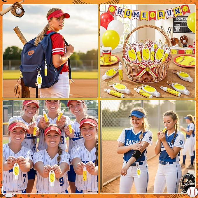 Demissle 12 Sets Softball Party Favors Mini Sunscreen and Sunscreen Lip Balms Bulk Spf 30 Travel Size 1oz Lotion with Carabiner Clip-on Lip Balms Packets for Team Women Birthday Gifts(Softball)