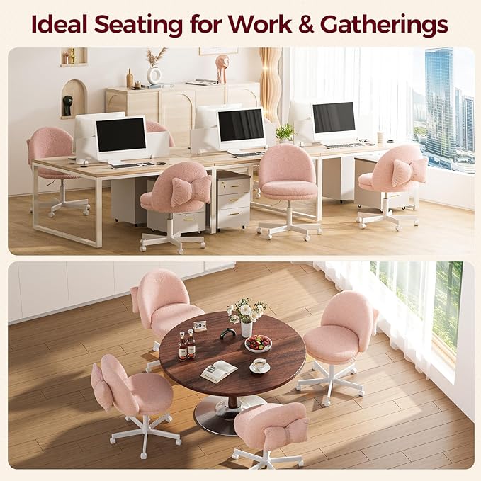 GTPLAYER Velvet Tall Office Chair with Wheels Vanity Chairs with Back, Versatile Height Use: Office to Bar Stools Small Ergonomic Comfy Armlees Computer Desk Chair with Bow Lumbar Pillow for Gift