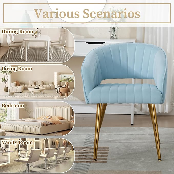 Westice Velvet Home Office Desk Chair Set of 1, Modern Tufted Vanity Chairs with Gold Metal Legs, Upholstered Accent Armchair for Living Room Restaurant, Light Blue