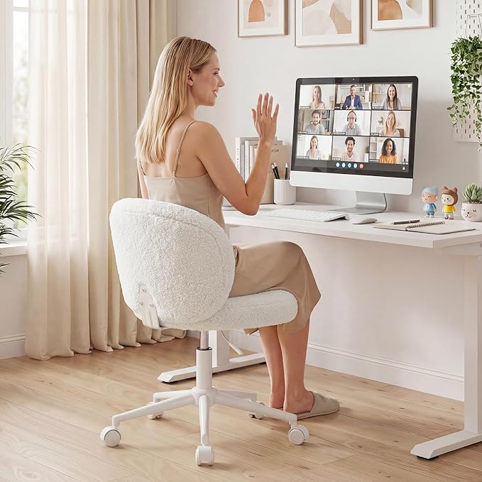 Small Round Vanity Chair with Wheels, Armless Home Office Desk Chairs with Back, Height Adjustable & 360° Swivel, Cute Comfy Vanity Computer Chair for Bedroom, Home Office, White