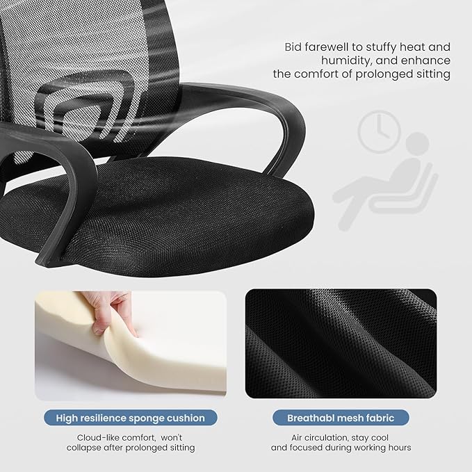 DUMOS Home Office Chair - Ergonomic Mid Back Mesh Desk Chair with Lumbar Support & Rocking Mode, Height Adjustable with Fixed Armrest, for Computer, Gaming, Meeting, 360° Swivel, Black, 2 Pack