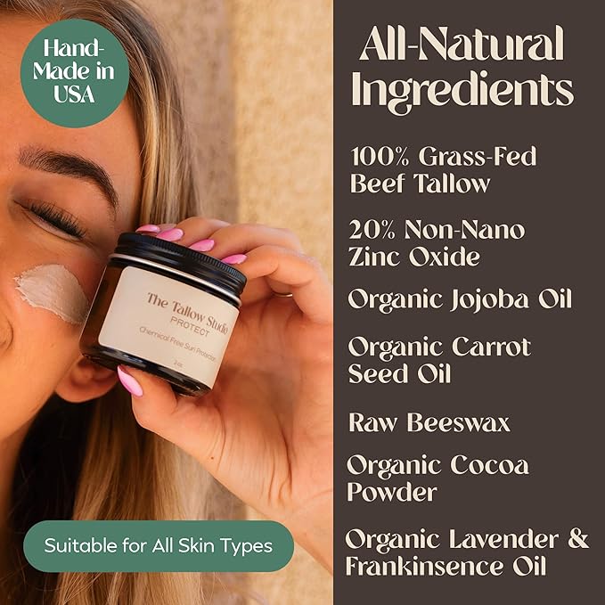 Mineral Sunscreen for Sensitive Skin | Organic Lavender Scent – SPF 30 | Chemical-Free Sun Protection with Grass-Fed Tallow + Non-Nano Zinc Oxide | Non-Greasy, Natural SPF Balm for Face & Body (2oz)