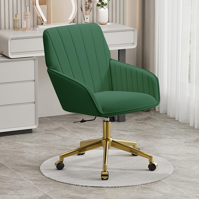 YISHENG Velvet Office Desk Chair with Gold Base, with Wheels,Modern Height Adjustable 360 Degree Swivel Upholstered Vanity Chairs with Arms for Living Room Bedroom,Green