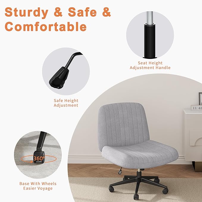 Shintenchi Criss Cross Chair,Cross Legged Office Seat with Wheels Armless Swivel Vanity Chair,Height Adjustable Wide Computer Task Seating for Home Office,Grey ﻿