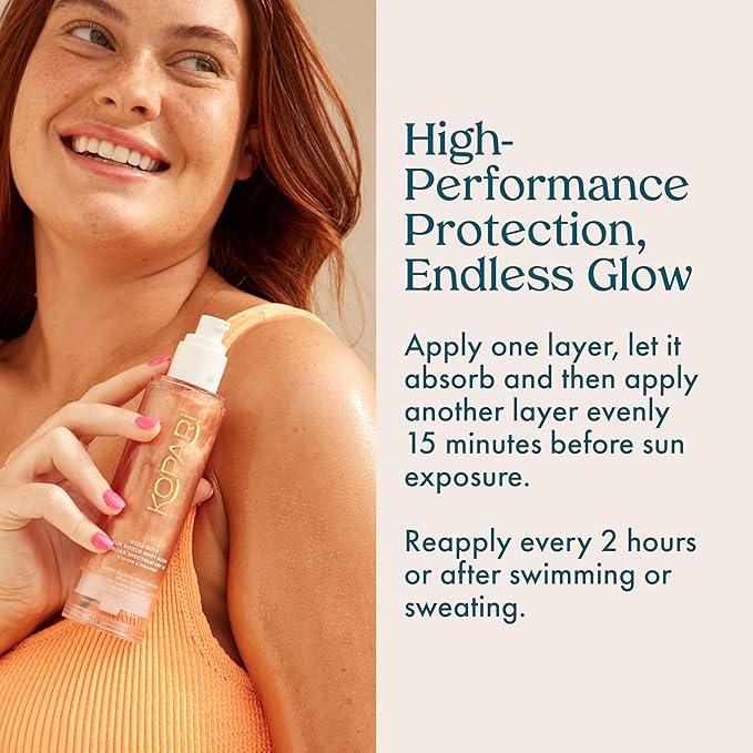 Kopari Sun Shield Body Glow, Broad Spectrum SPF 45, Lightweight Shimmering Gel Texture Absorbs Quickly, Non Sticky, Glowing Results, Rose Gold 5 oz