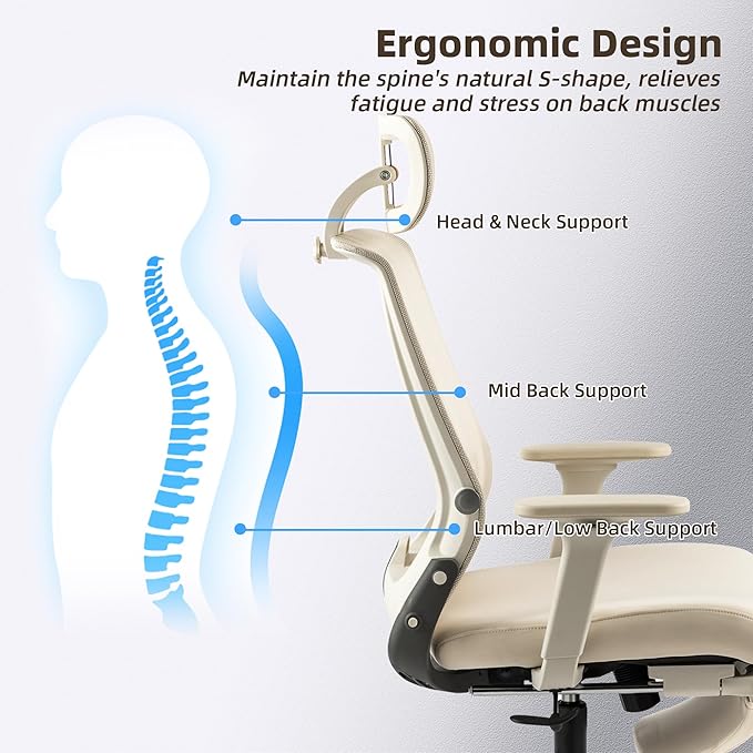 Foldable Office Chair with Foot Rest, Ergonomic Office Chair with Adjustable Lumbar Support, Headrest, Armrest, Home Office Desk Chair for Space Saving, Work from Home, Cream