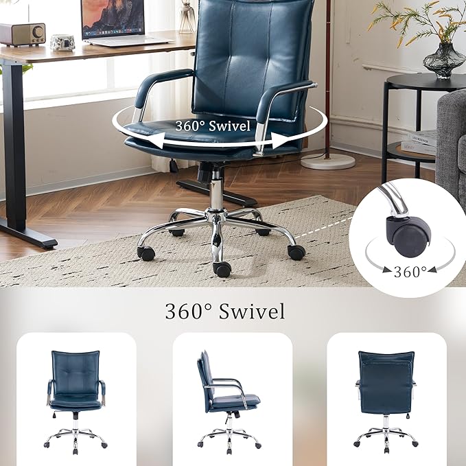 MOJAY Office Chair, Leather Desk Chair, Brown Desk Chair, Mid Century Modern Office Chair, Swivel Comfy Upholstered Wide Seat Chair with Gold Legs and Armrests for Home, Office (Dark Blue&Silver)