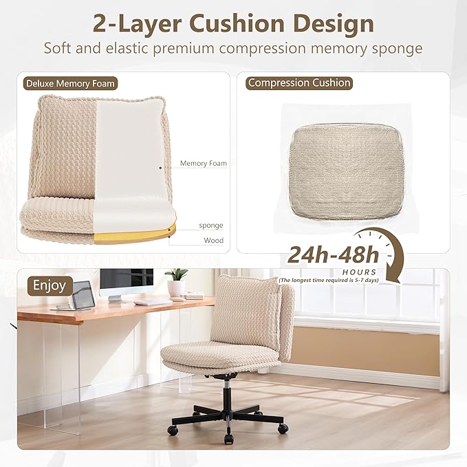 Fizzin Criss Cross Chair,Armless Cross Legged Chair with Wheels,Memory Foam Seat Office Desk Chair with Flipable Back Cushion,Mid Back Swivel Chair for Home Office,Bedroom Vanity (Beige)