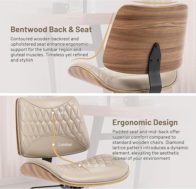 Walnut Bentwood Mid Back Armless Office Chair 1 Pack, Adjustable Height PU Leather Swivel Desk Chair with Wheels, Rolling Computer Task Chair for Home Office, Study, Meeting Room